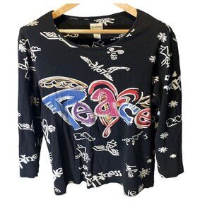 Chico's Grafitti Peace Black White 3/4 Sleeve Round Neck T Shirt Sz L